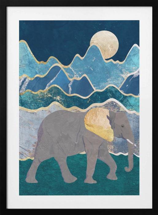 Metallic Elephant in the Moonlit Mountains Framed Art Modern Wall Decor