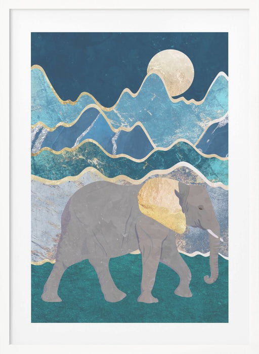 Metallic Elephant in the Moonlit Mountains Framed Art Modern Wall Decor