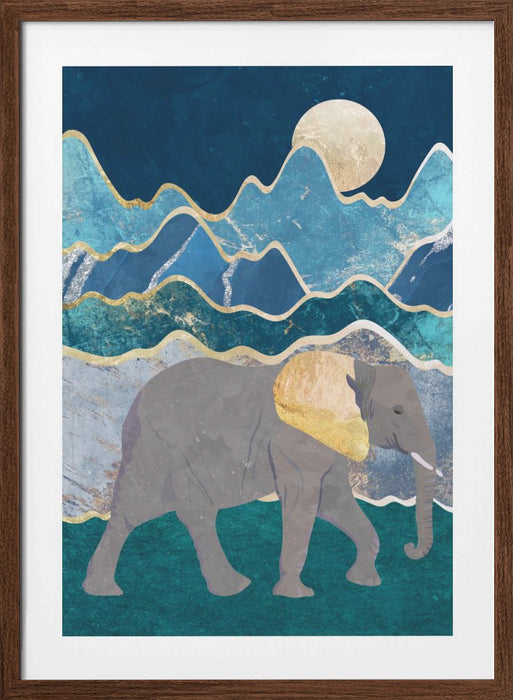 Metallic Elephant in the Moonlit Mountains Framed Art Modern Wall Decor