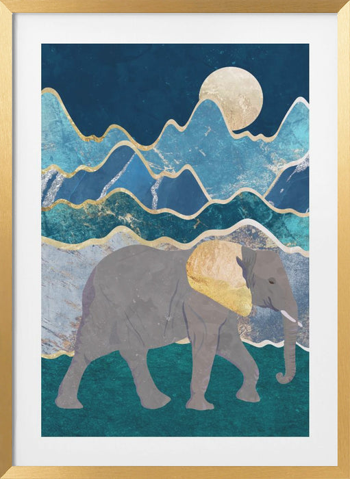 Metallic Elephant in the Moonlit Mountains Framed Art Modern Wall Decor