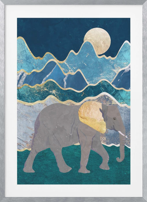 Metallic Elephant in the Moonlit Mountains Framed Art Modern Wall Decor