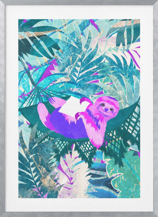 Pink and Green Neon Sloth in Hammock Framed Art Modern Wall Decor