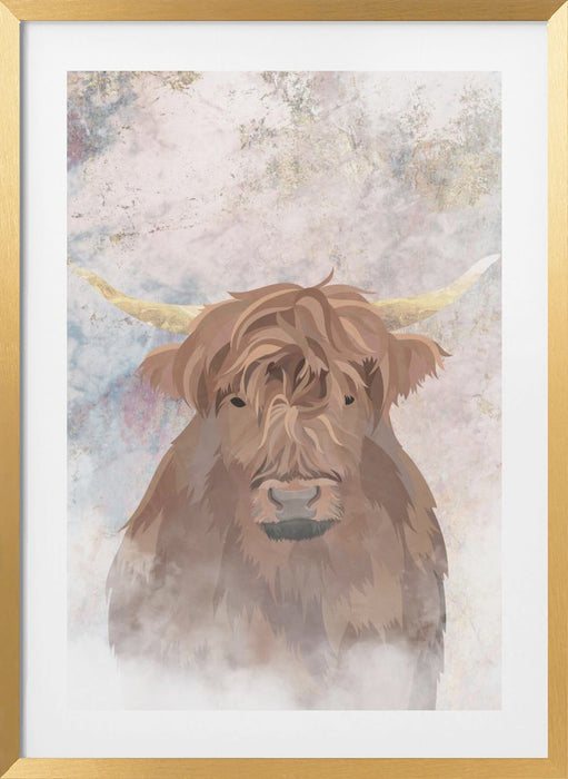 Highlands Cow Gold and Marble Framed Art Wall Decor