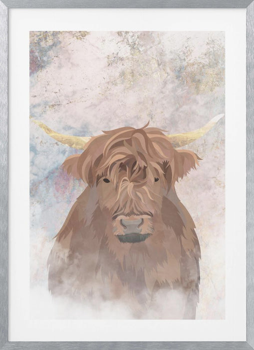 Highlands Cow Gold and Marble Framed Art Wall Decor