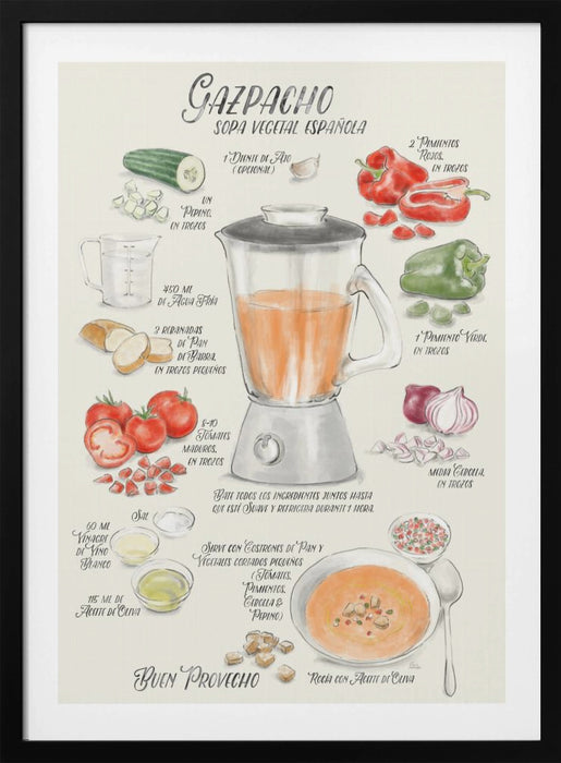 Gazpacho illustrated recipe in Spanish Framed Art Wall Decor