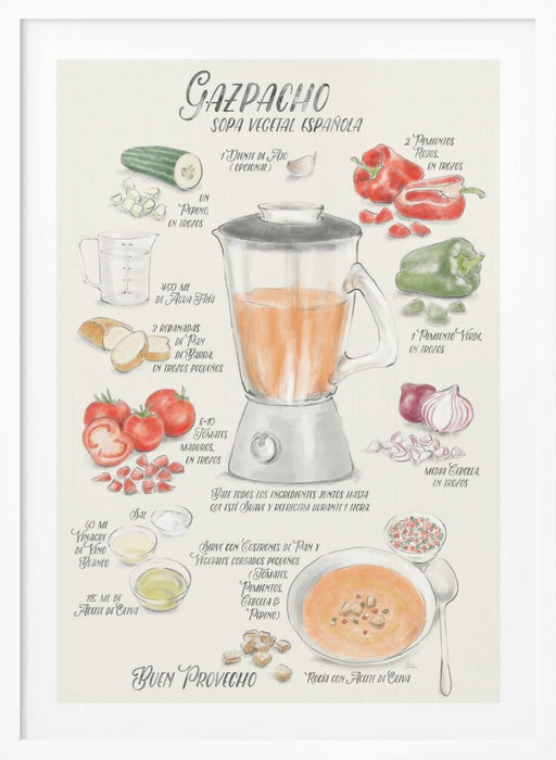 Gazpacho illustrated recipe in Spanish Framed Art Wall Decor