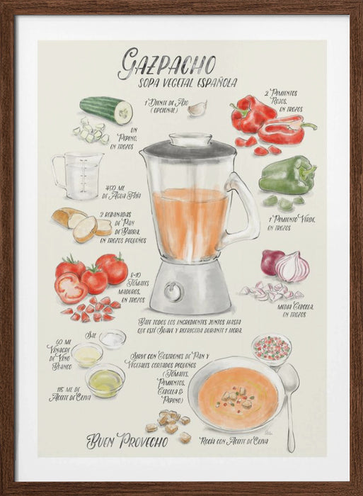 Gazpacho illustrated recipe in Spanish Framed Art Wall Decor