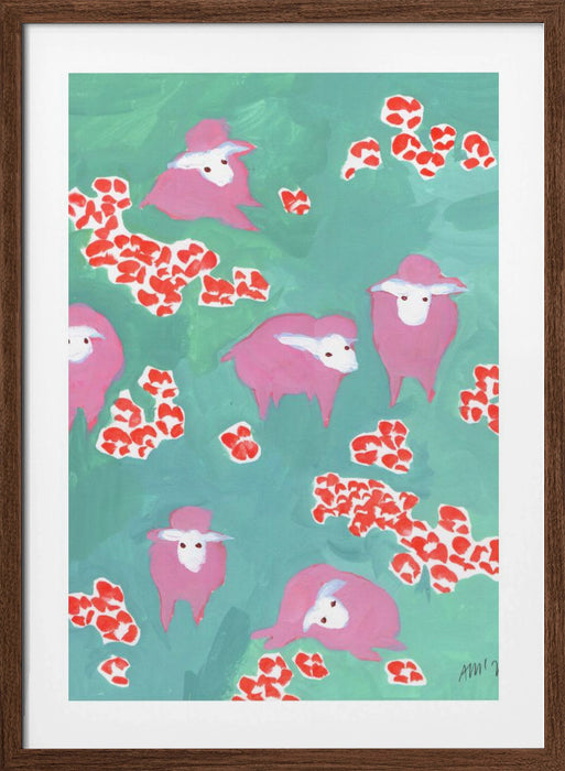 Pink Sheep On A Green Meadow Framed Art Modern Wall Decor