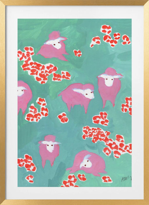 Pink Sheep On A Green Meadow Framed Art Modern Wall Decor