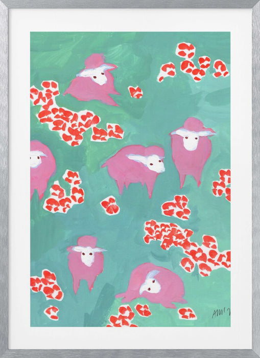 Pink Sheep On A Green Meadow Framed Art Modern Wall Decor