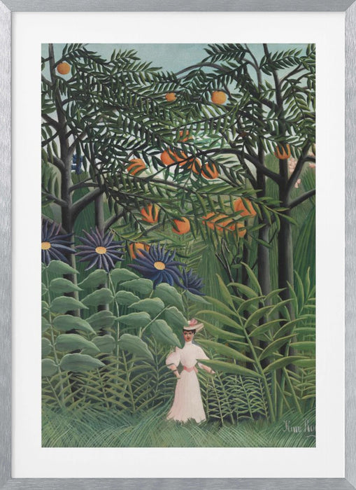 Femme Se Promenant Dans Une Foret Exotique Framed Art Modern Wall Decor