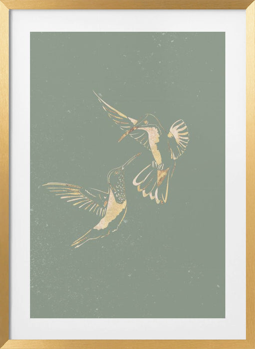 Sage Green Gold Hummingbirds Framed Art Wall Decor