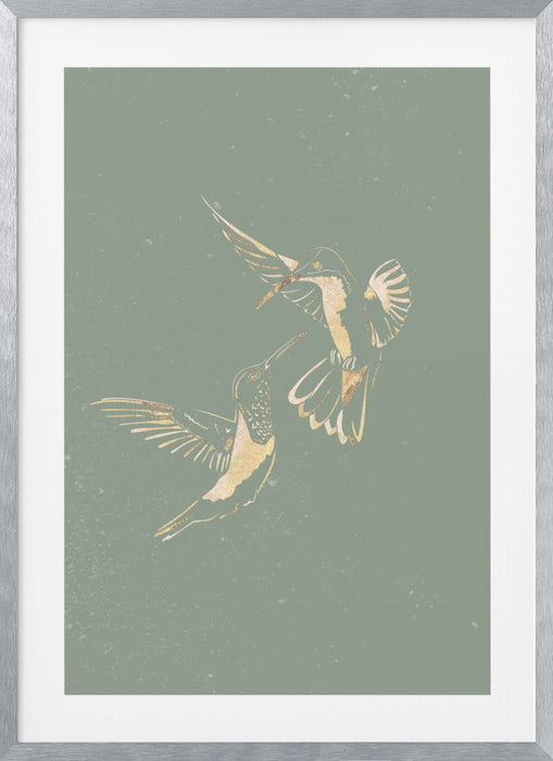 Sage Green Gold Hummingbirds Framed Art Wall Decor