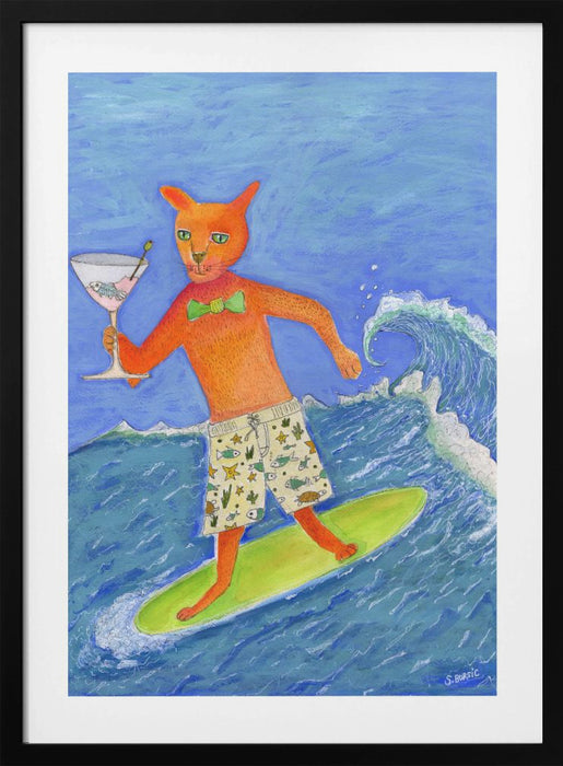 Surfing Cocktail Cat Framed Art Wall Decor