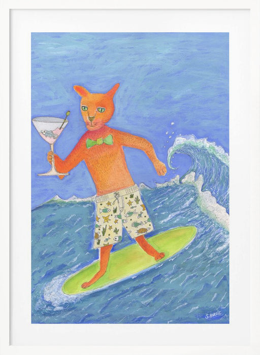 Surfing Cocktail Cat Framed Art Wall Decor