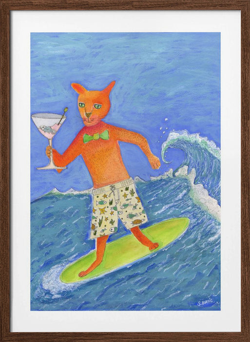 Surfing Cocktail Cat Framed Art Wall Decor