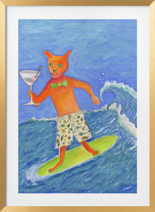 Surfing Cocktail Cat Framed Art Wall Decor