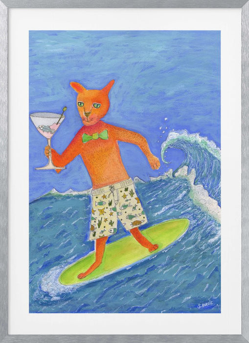 Surfing Cocktail Cat Framed Art Wall Decor