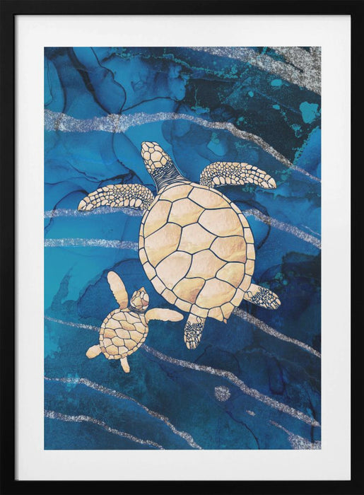 Gold turtles swimming Framed Art Wall Decor