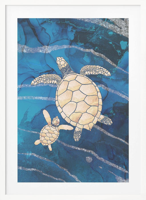 Gold turtles swimming Framed Art Wall Decor