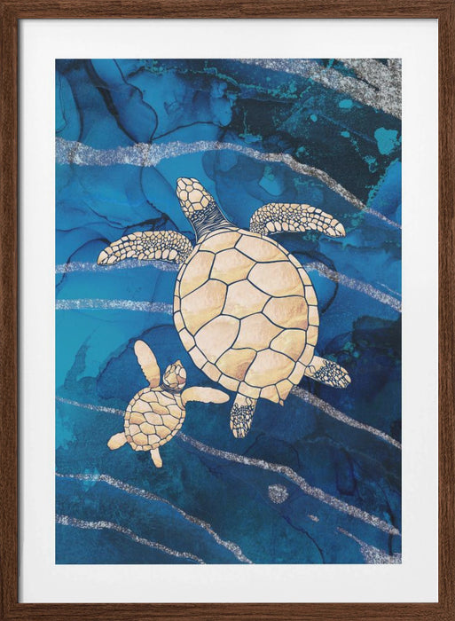 Gold turtles swimming Framed Art Wall Decor