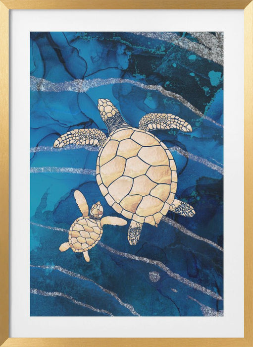 Gold turtles swimming Framed Art Wall Decor