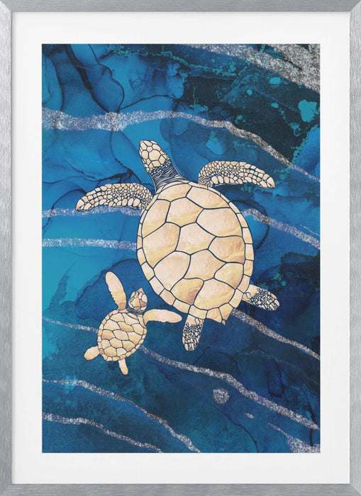 Gold turtles swimming Framed Art Wall Decor