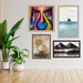 Gallery wall with diverse framed artworks and plants in 24x30 picture frame settings