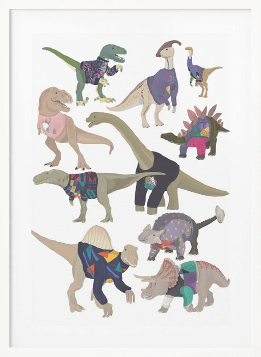 Dinosaurs In 80s Jumpers Framed Art Wall Decor