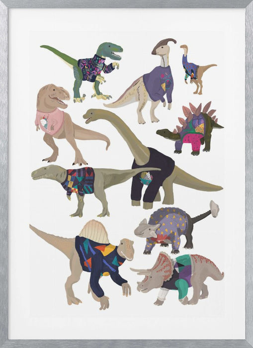 Dinosaurs In 80s Jumpers Framed Art Wall Decor