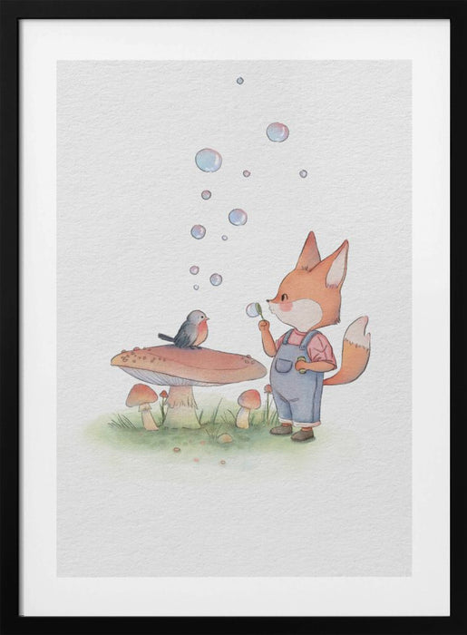 Fox and Bird Illustration Framed Art Wall Decor