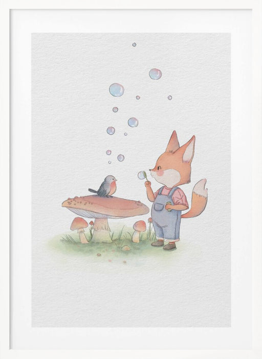 Fox and Bird Illustration Framed Art Wall Decor