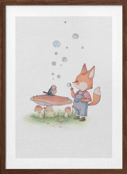 Fox and Bird Illustration Framed Art Wall Decor