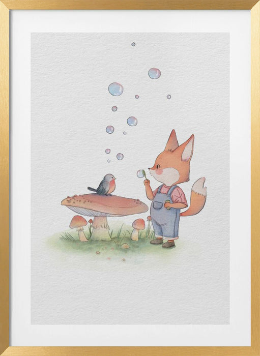 Fox and Bird Illustration Framed Art Wall Decor