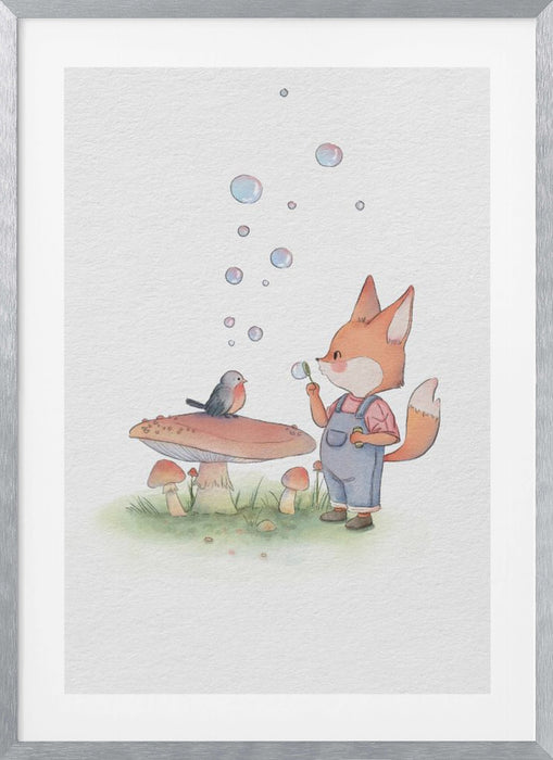 Fox and Bird Illustration Framed Art Wall Decor