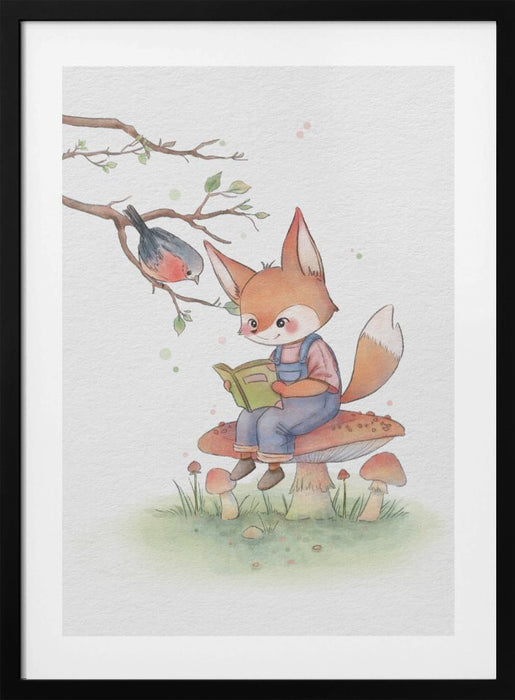 Fox and Bird Illustration Framed Art Wall Decor