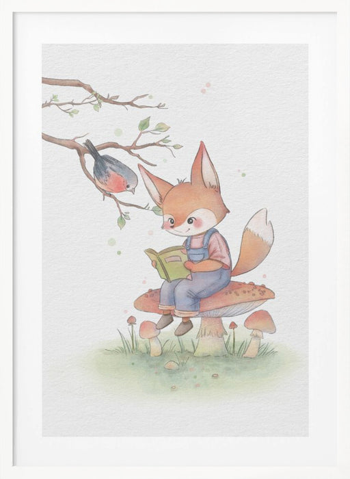 Fox and Bird Illustration Framed Art Wall Decor