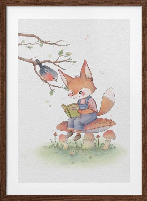 Fox and Bird Illustration Framed Art Wall Decor