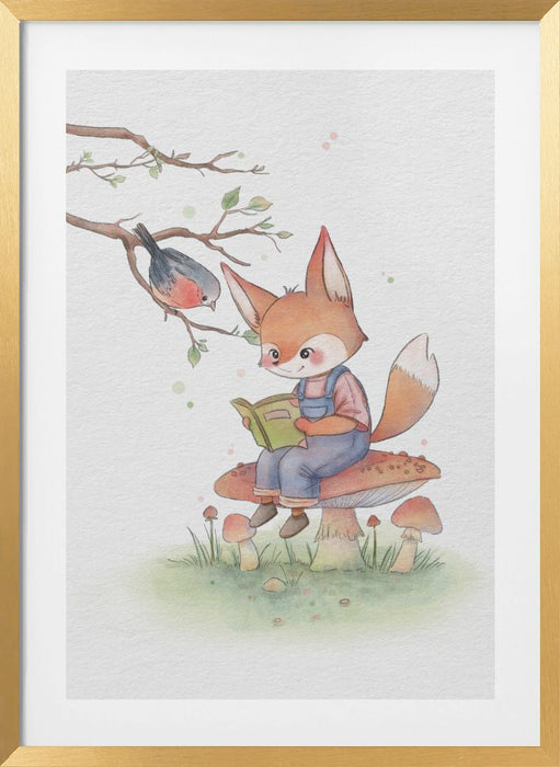 Fox and Bird Illustration Framed Art Wall Decor