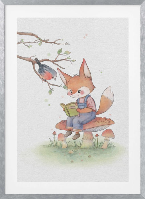 Fox and Bird Illustration Framed Art Wall Decor