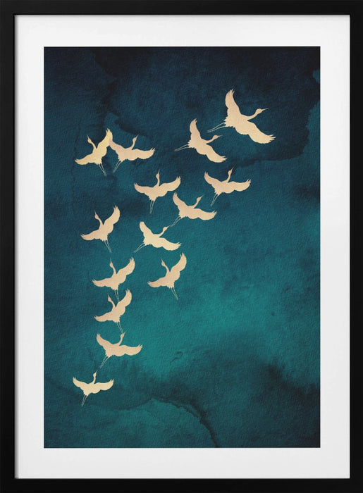 Teal Flying Cranes Framed Art Wall Decor