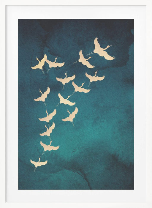 Teal Flying Cranes Framed Art Wall Decor