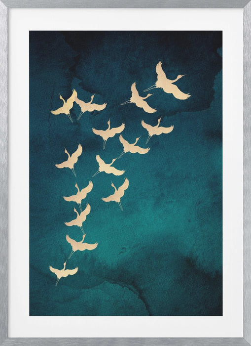 Teal Flying Cranes Framed Art Wall Decor