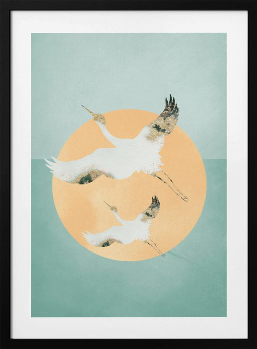 Mint Green Sun &amp; Cranes Framed Art Wall Decor