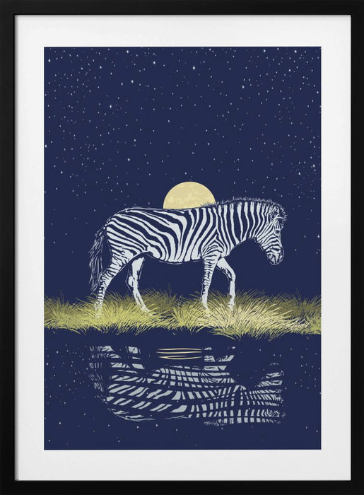 Zebra Waterhole Moonrise Framed Art Wall Decor