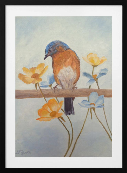 Flower Peeping Eastern Bluebird Framed Art Wall Decor