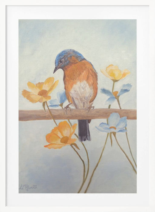 Flower Peeping Eastern Bluebird Framed Art Wall Decor