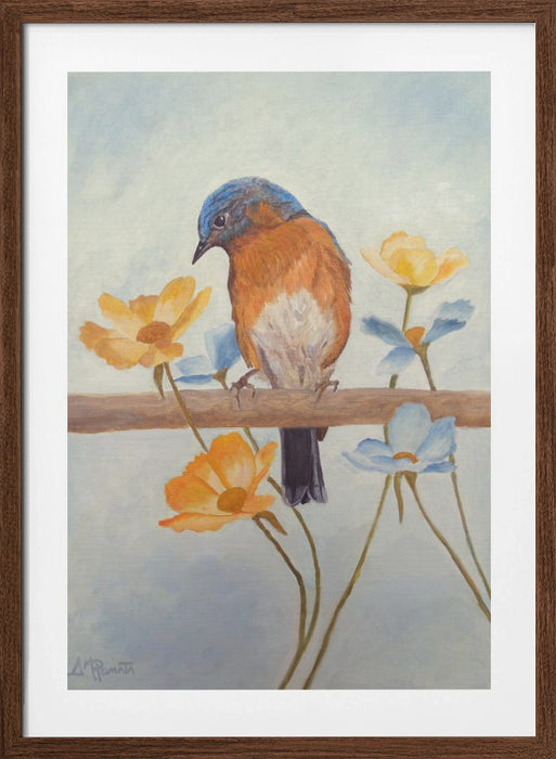 Flower Peeping Eastern Bluebird Framed Art Wall Decor