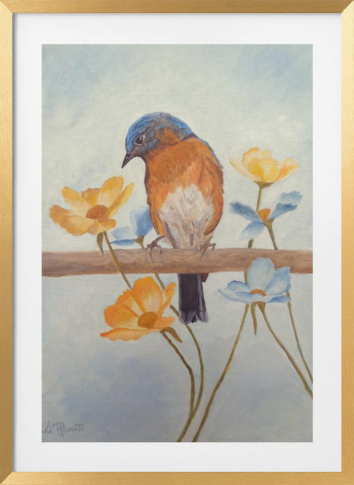 Flower Peeping Eastern Bluebird Framed Art Wall Decor