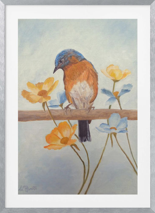 Flower Peeping Eastern Bluebird Framed Art Wall Decor